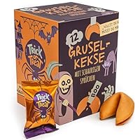 FOOD crew 12x Halloween Glückskekse - 4 Motive und schaurige Sprüche - Halloween Süßigkeiten Gruselig - Glückskeks Vegan - Halloween Snacks als Party Deko oder Süßes oder Saures Mitgebsel