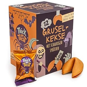 FOOD crew 12x Halloween Glückskekse - 4 Motive und schaurige Sprüche - Halloween Süßigkeiten Gruselig - Glückskeks Vegan - Halloween Snacks als Party Deko oder Süßes oder Saures Mitgebsel