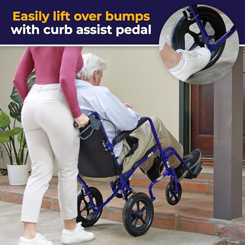 Image of Drive Medical Lightweight Expedition Folding Transport Wheelchair with Hand Brakes - Portable Support - Large Rear Wheels - Compact Folding - Comfortable Design - Blue
