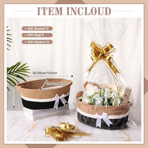 Image of Colingmill 2 Pack Graduation Woven Gift Basket Empty with Ribbon Bow, 12''x8''x5'' Chest Box with Gift Bags Candy Baskets with Handle for Mother's Day Wedding Birthday Decor(Black, Khaki)