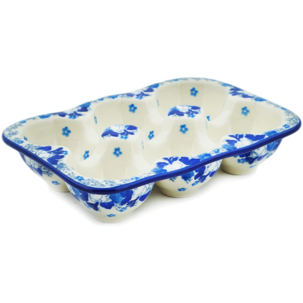 Polish Pottery 7-inch Egg Crate made by Ceramika Artystyczna (Blue Spring Theme) + Certificate of Authenticity