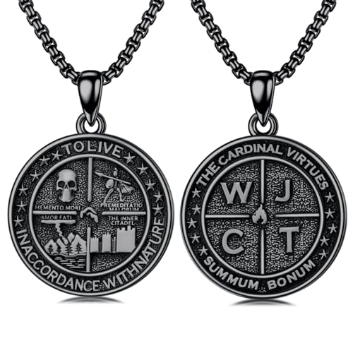 PELOVNY Memento Mori Necklace 925 Sterling Silver Amor Fati Stoic Four Virtues Necklace Nature Jewelry Christmas Stoicism Gifts for Men Women Black/Gold/Silver