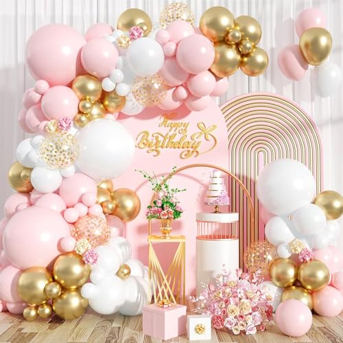 Kit arco balões rosa ouro e branco, 105 peças balões de aniversário, arco de balão branco para Baby Shower menina decoração de aniversário, grinalda balão rosa pastel e ouro metálico para batismo