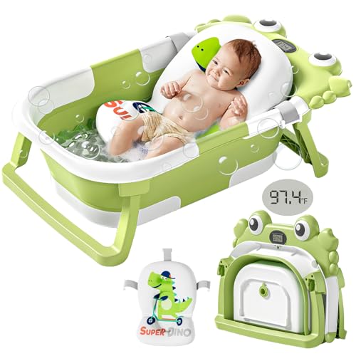 Image of Collapsible Baby Bathtub for Newborn with Soft Floating Cushion & Thermometer Perfect Portable Travel Baby Bath Tub for 0-36 Month Infants to Toddler (Green)