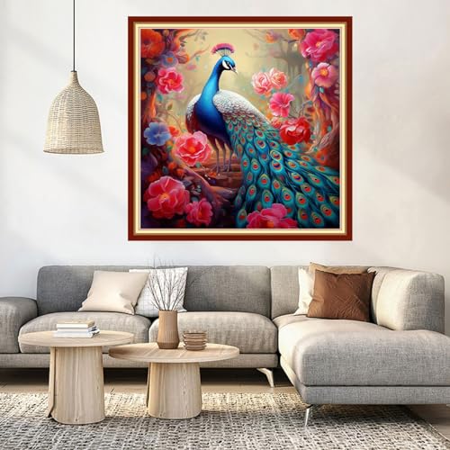 Image of DMCVIVR Stamped Cross Stitch Kits for Beginners Adults Needlepoint Kits for Beginners Embroidery Kits for Adults Crossstitch Kit for Beginners 11CT-Peacock Flowers 18x18 inch