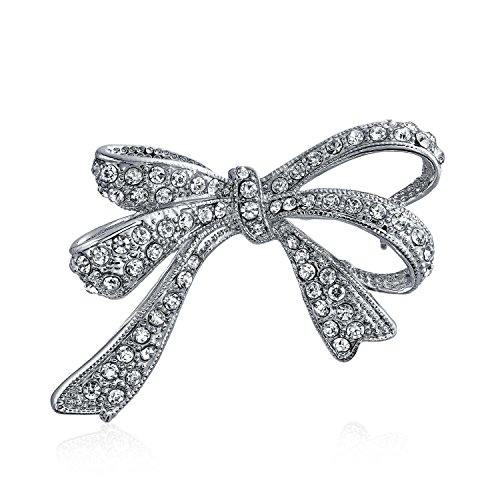 Image of Bling Jewelry Winter Holiday Blue White Glittering Crystal Bridal Fashion Large Statement Ribbon Scarf Bow Brooch Pin For Women Rose Gold or Silver Plated
