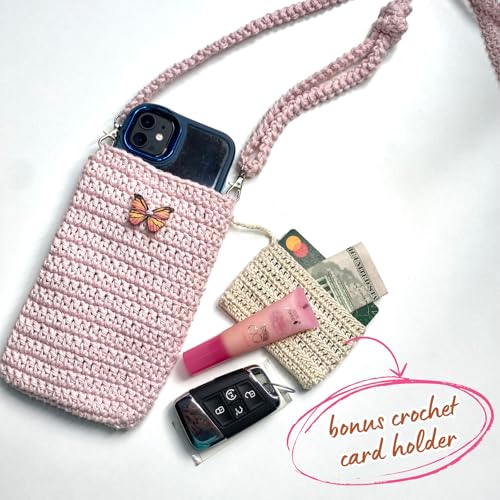 Crossbody Crochet Phone Bag, Handmade Lightweight Cell phone holder Purse with Adjustable Strap, Card Holder, Butterfly wooden Closure, Boho Style for Women & Teens, Small Bag for Festivals, Travel, Gifts.3