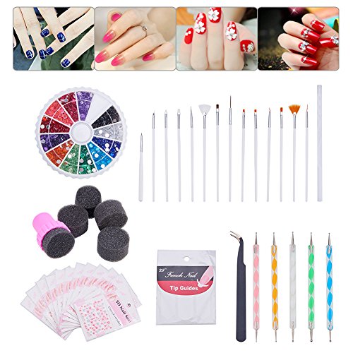 PH PandaHall Nail Art Set-15 Sheets 3D Self Adhesive Nail Art Stickers, Colored Acrylic Rhinestone, Nail Art Dotting Pen, Pick Up Pen, Tweezers