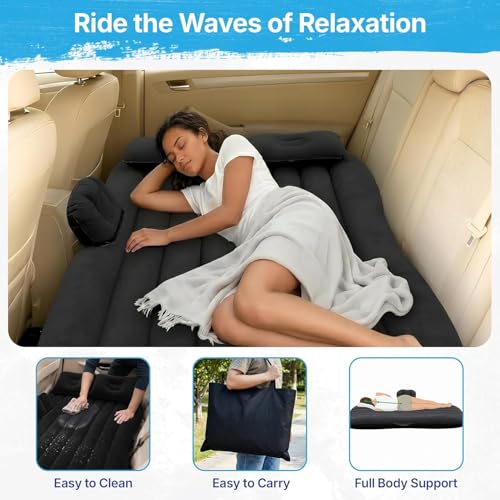 Image of Car Inflatable Bed for Back Seat, Portable SUV Air Mattress with Electric Pump, Thick Flocked Surface, Travel Sleeping Mattress for Camping, Road Trips, Outdoor Adventures