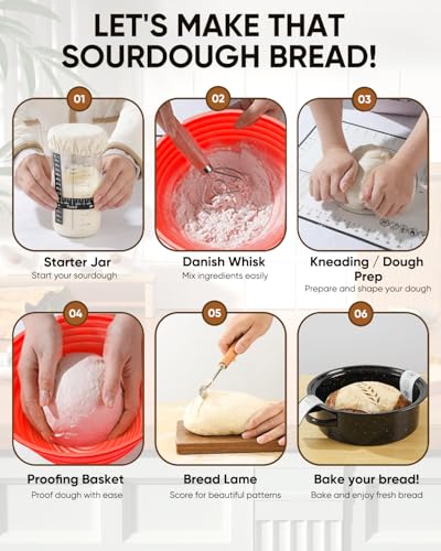Image of Sourdough Starter Kit for Beginners, 34 oz Starter Jar with Scale Marking, 2 Silicone Proofing Baskets, Complete Bread Baking Kit with Guide & Recipes, Easy to Use & Clean - Red