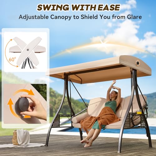 Image of 3 in 1 Outdoor Porch Swing with Adjustable Canopy, 3 Seat Outdoor Swing for Adults, Patio Swing Chair with Thickened Cushions,Pillows & Cup Holders for Backyard, Porch, Garden (Khaki)