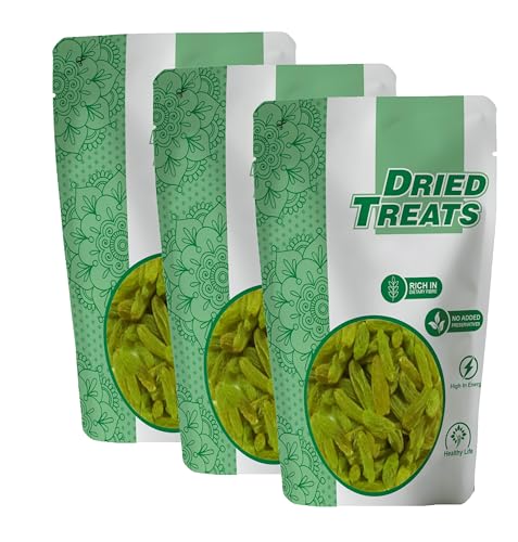 Image of Dried Treats Kishmish (Green Raisins) 600 Grams (200gm X 3) - Hari Darakh | Green Raisns Nutrient-Rich Superfood for Energy |Hari Kishmish Rich Source of Potassium & Dietry Fiber - This seedless Kishmish is the Best Snack for Every Age Group | Kishmish | Delicious Snack