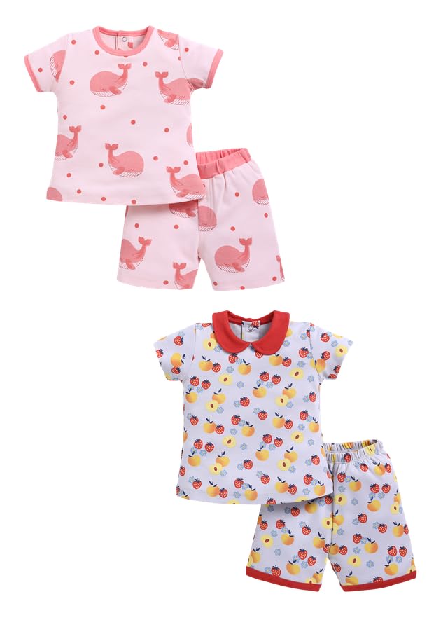 Image of Baby Girls 100% Cotton Printed Half Sleeve T-shirt & Short Summer Clothing Sets (Pack Of 2)