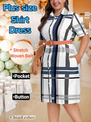 Image of ChiaoLezhee Plus Size Shirt Dress, Colorful Plaid Match Waistband, Fits 1XL-5XL