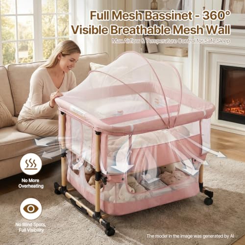 Twin Bassinet for 2 Babies, Double Bassinet for Twins, Rocking Bassinet with Wheels and Storage Basket, Full-Mesh Sides, 5-Height Adjustable, Portable and Stable Baby Crib for Newborns (Standard Pink) — view 4