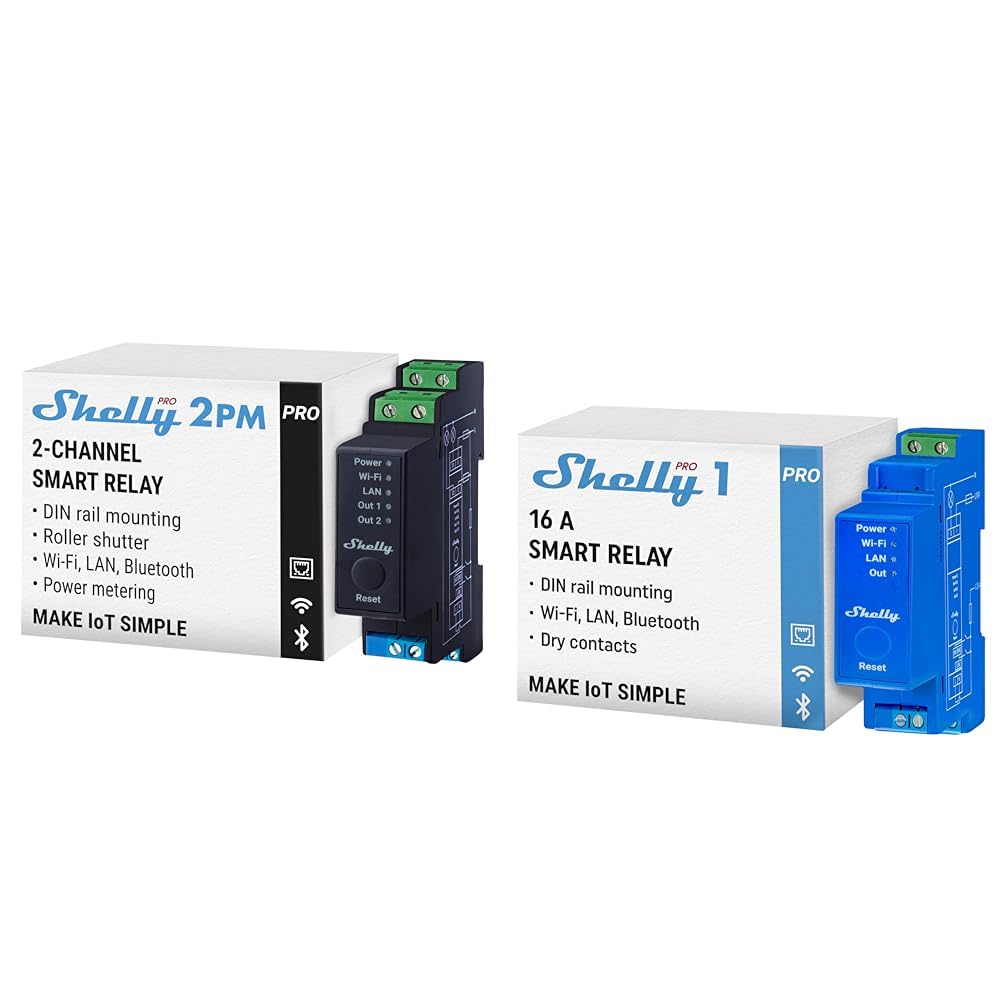 Shelly Pro 2PM | Wlan, LAN & Bluetooth 2-Kanal-Smart-Relais-Schalter mit Leistungsmessung & Pro 1 | WiFi & Bluetooth 1-Kanal-Smart-Relais-Schalter