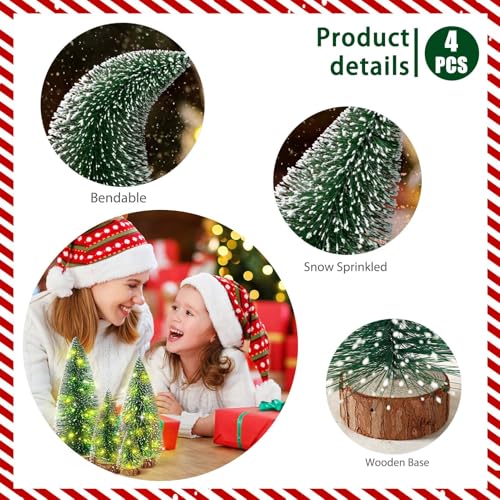 Hatisan 4pcs Mini Christmas Trees with Light, Artificial Christmas Tree Bottle Brush Trees with Wooden Base for Christmas Decor Party Home Table Holiday - Image 4