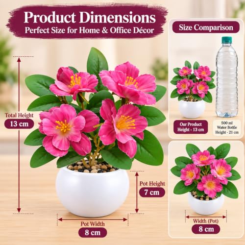 Image of CURATED CART Artificial Flowers with Pot & Decorative Pebbles for Home Decor, Small Size Faux Flowering Artificial Plants for Living Room Decor, Fake Flower vase for Bedroom, Office & Table Decor