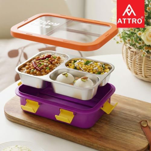 Image of ATTRO JoyBox Steel Lunch Box, 3 Compartment, Stainless Steel Inner Tray, Leakproof Airtight Lid, 4-Side Locks, BPA-Free Food Grade Lunch Box for Kids, School & Office - Purple-750ml