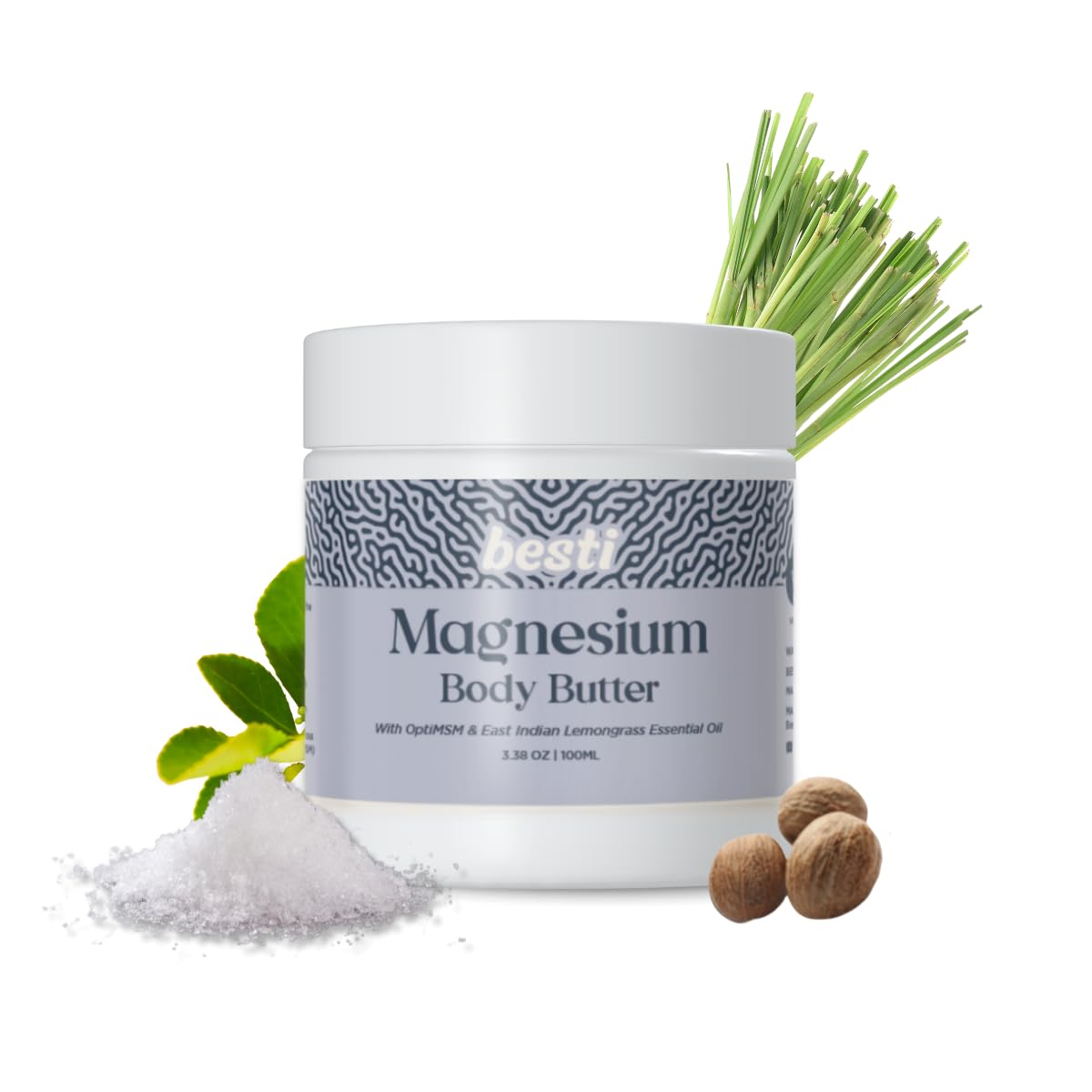 Besti Magnesium Body Butter with 35% Magnesium, Shea Butter & Sweet Almond Oil, Naturally Scented with Lemongrass Essential Oil, Fast-Absorbing,