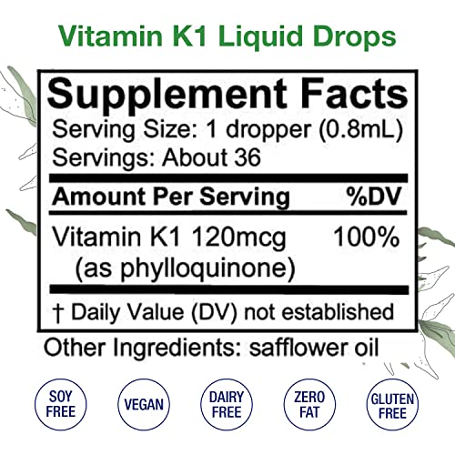 Image of Vitamin K1 Liquid Drops - Made in USA - Natural High Potency Phylloquinone for Men, Women, Children, & Newborns Great for Dark Undereye Circles - Bulk Sizes Also Available