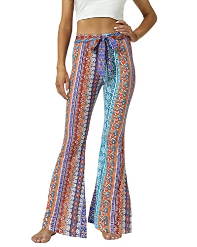WSPLYSPJY Women's Floral & Paisley Print Knot Front Flare Leg Pants Bowknot Tie Belted3