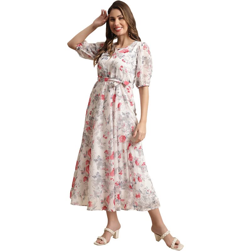 Preneum Women's Maxi Fit & Flare Latest Style Print Georgette Regular Sleeves Casual Summer Maxi | Festival & Occasion, Bright White, M