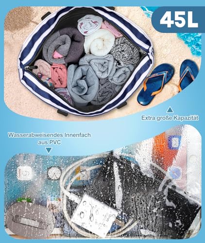 ISEYOU Strandtasche XXL Familie, Groß Strandtasche mit Reißverschluss Wasserdicht Sanddicht, Handtasche Umhängetasche Damen 45L, Faltbar Ultraleicht Badetasche für Urlaub Reisen Fitnessstudio Picknick