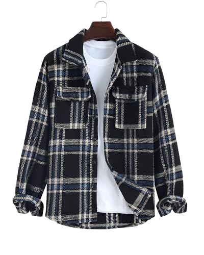 Image of ZAFUL Unisex Plaid Flannel Shirt Jacket Button Down Long Sleeve Pocket Coat Outwear | Mens Fall Clothes Lightweight Long Sleeve Button Down Flap Pocket Jacket Tops for Fall&Winter 2026
