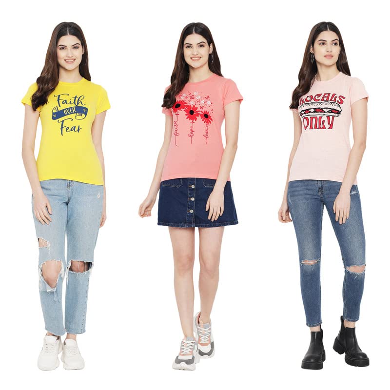 Image of Preneum Women's Cotton Regular Fit Graphic Stylish Printed Short Sleeves Casual T-Shirt || Trend & Style (Pack 3)