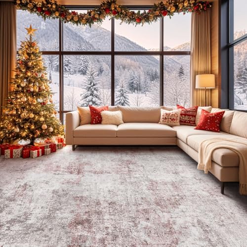 7x9 Area Rug Living Room Rugs - Washable Neutral Modern Abstract Soft Thin Large Rug Indoor Floor No Slip Rug Carpet for Bedroom Under Dining Table Home Office Decor - Pink