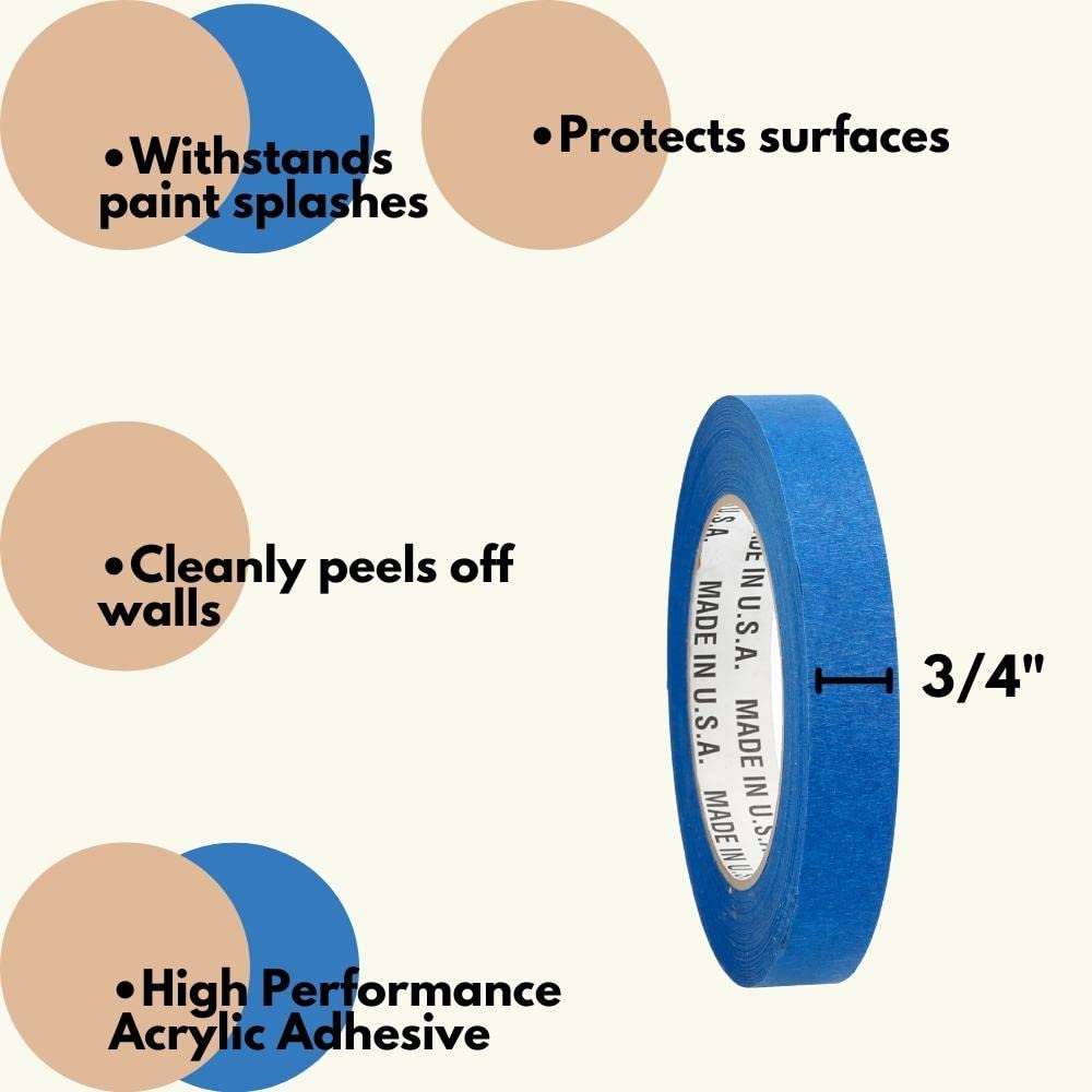 PSBM Blue Painters Tape, 0.75 Inch x 60 Yards, 32 Pack, Bulk Multipack, Easy Tear Design, 3/4 Inch Masking Tape for Multi-Surface Use