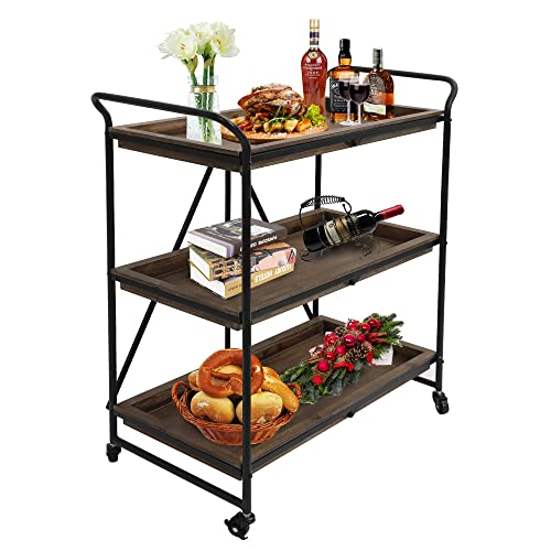 RiteSune Black Bar Cart, Home Bar Serving Cart with 3 Tier Shelves