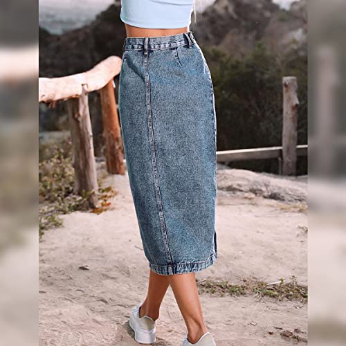 Saia jeans feminina de cintura alta com fenda e botão midi, fenda alta, casual, saia longa, Azul esc
