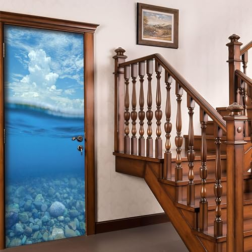 Pegatinas para Puertas de Océano Azul Door Stickers 3D Adhesivo Vinilo Pegatina Puerta Piedra Submarina Murales Póster Decorativas de Pared Mural Papel Pintado 70x200 cm a/1990
