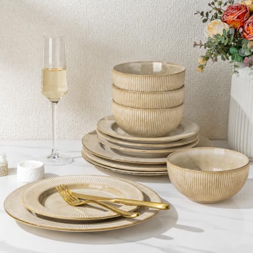 Image of GBHOME Ceramic Dinnerware Sets,12 pcs Embossed Elegant Stoneware Plates and Bowls Sets, Housewarming Wedding Gift | Dishwasher & Microwave Safe | Dishes Set Service for 4