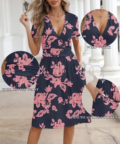Image of NILOUFO Women's Summer Short Sleeve Casual Dress Wrap V Neck Party Midi Dresses with Pockets