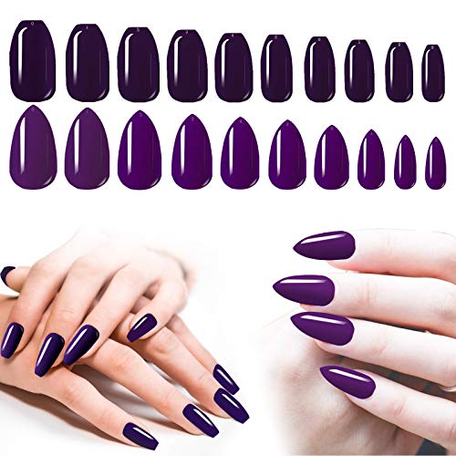 Purple Glue On Nails, 200PCS Cosics Glossy False Nail Almond Stiletto Medium & Ballerina Ballet Nail Tips Full Cover, Acrylic Press On Nails Coffin for Women & Girls Halloween Party Nail Art DIY, Gift