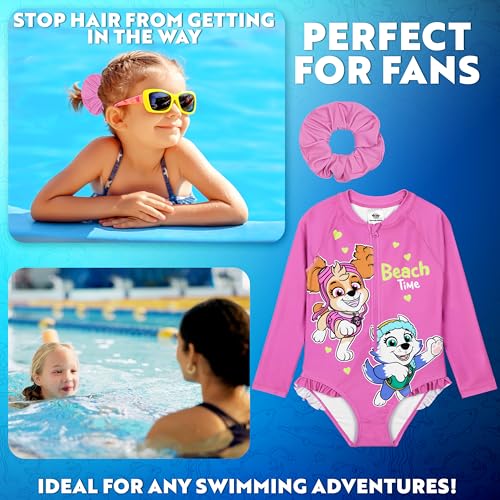 Paw Patrol Girls Swimsuit Long Sleeve Pink One Piece Bathing Suit for Girls with Scrunchie2