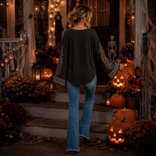 Womens Halloween Shirts Vintage Skeleton Crew Neck Bell Sleeve Top - image 5
