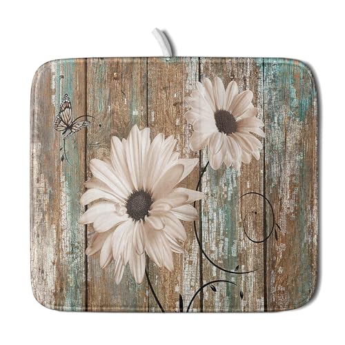 Giwawa Rustic Daisy Board Dish Drying Mat for Kitchen Countertop 16x18 inch Fall Sunflower on Wooden Plank Dish Drainer Mats Fast Drying Country Shabby Chic Vintage Kitchen Drying Decor