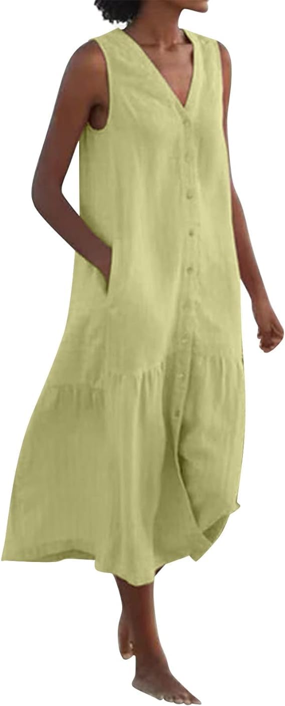 Spring Summer Sleeveless Cotton Linen Dress Summer Dresses for Women Sleeveless Pockets Vacation Maxi Dresses