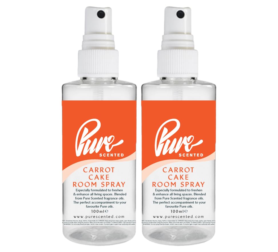 "Pure Scented 200ml Room & Fabric Sprays 2 x 100ml Suitable For Home, Car, Caravan, Work, Gym Bags, Odour Eliminators (2 x 100ml, Carrot Cake)"