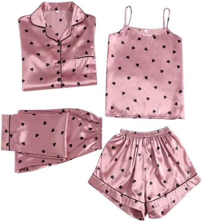 Reviews de Pijamas de una pieza para Mujer . 43 CoviniTee Pijama de Mujer de Satén de Seda Sintética, Conjunto de Pijama de Mujer, Traje de 4 Piezas, Manga Larga y Manga Corta, Rosa, Talla G, Corazones