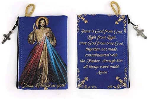 Catholic Rosary Pouch, Divine Mercy of Jesus & Jesus is God, 4" x 6" Jewelry & Coin Purse with Cross, Small Woven Tapestry Icon Bag, Bolsa de Rosario Católico para Joyería