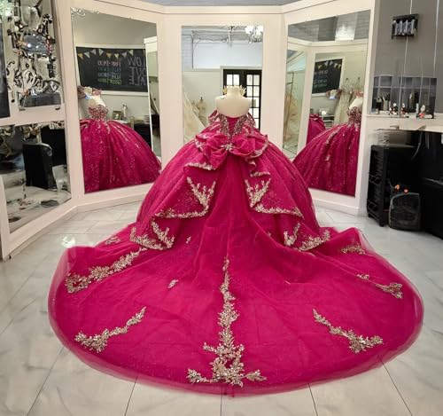 Gold Appliques Quinceanera Dresses with Bow Sweet XV Dress Glitter Puffy Ball Gown with Long Train PM0064