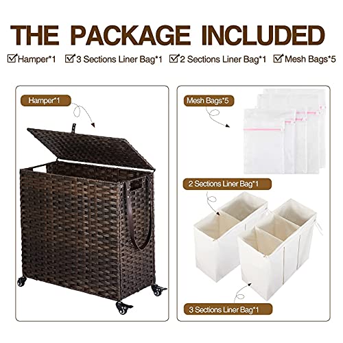 Greenstell Laundry Hamper With Wheels&Lid, 125L Large 3 Sections Clothes Hamper With 2 Types Removable Liner Bags, 5 Mesh Laundry Bags, Handwoven Divided Laundry Basket Brown #TOP6