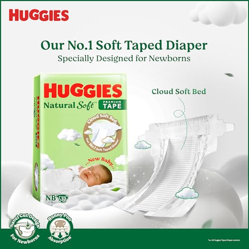 Image of Huggies Natural Soft Premium Tape Diapers Medium (M) Size, 7-12 kgs,26 Count | Our No.1 Soft Taped Diaper with Cloud Soft Bed and Runny Poo Absorption