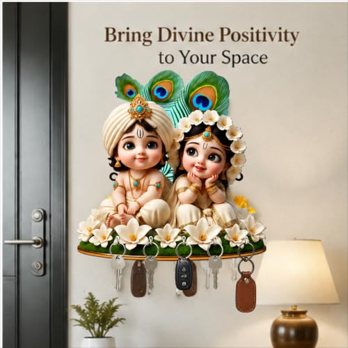 Image of Radha Krishna Wall Key Holder with 5 Hooks, Decorative Wooden Key Hanger for Home Entrance, Living Room & Pooja Room, Devotional Home Decor & Gifting