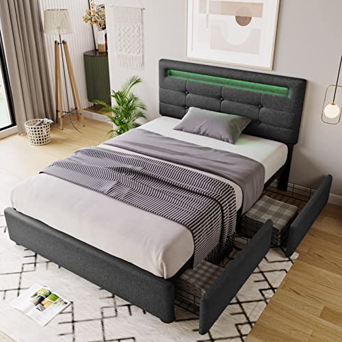 Whoiy Cama con cajones, cama gris 90 x 200 cm cama individual tapizada en lino con cabecero ajustable e iluminación LED y 2 cajones marco de madera